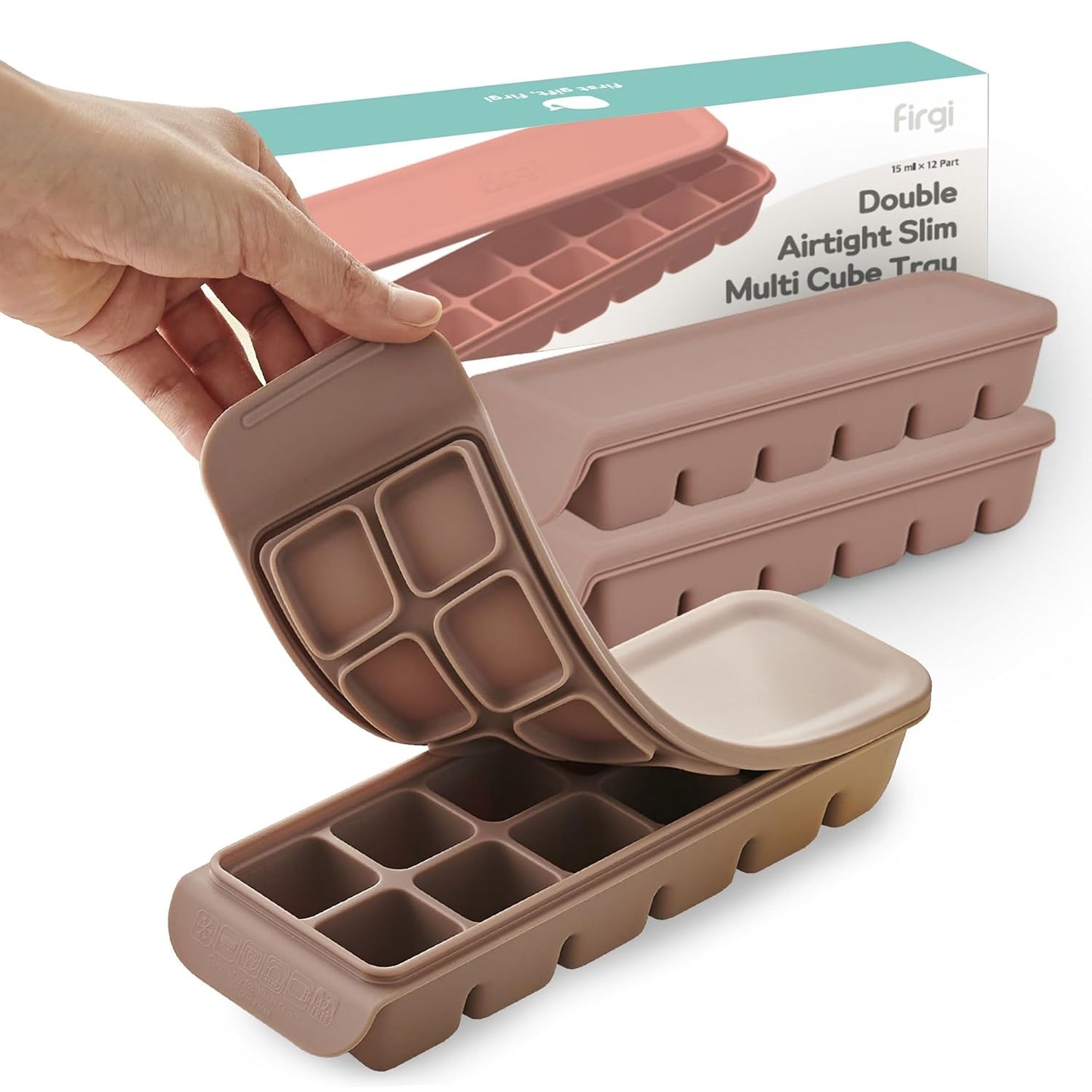 Silicone Ice Cube Freezer Tray with Lid, 100% Food-Grade Platinum Silicone,Leak Resistance & Dishwasher Safe for Baby Food Prep,Breast Milk,Purees - Korean Made (Brown 2-Pack 0.7 oz/12 Sections)