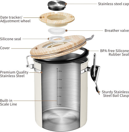 Veken Coffee Sugar Canister with Window, Christmas Coffee Lovers Gift Basket Set, Airtight Stainless Steel Kitchen Food Storage Container Gifts for Grounds, Beans,Tea,Flour, Cereal, Scoop, 22OZ,Cream