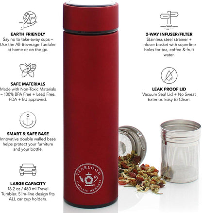 Teabloom ORIGINAL All-Purpose Beverage Tumbler - 16 oz - 480 ml - Brushed Metal Insulated Water Bottle/Tea Flask/Cold Brew Coffee Mug - Extra-Fine Two-Way Infuser Travel Bottle - Ruby Red