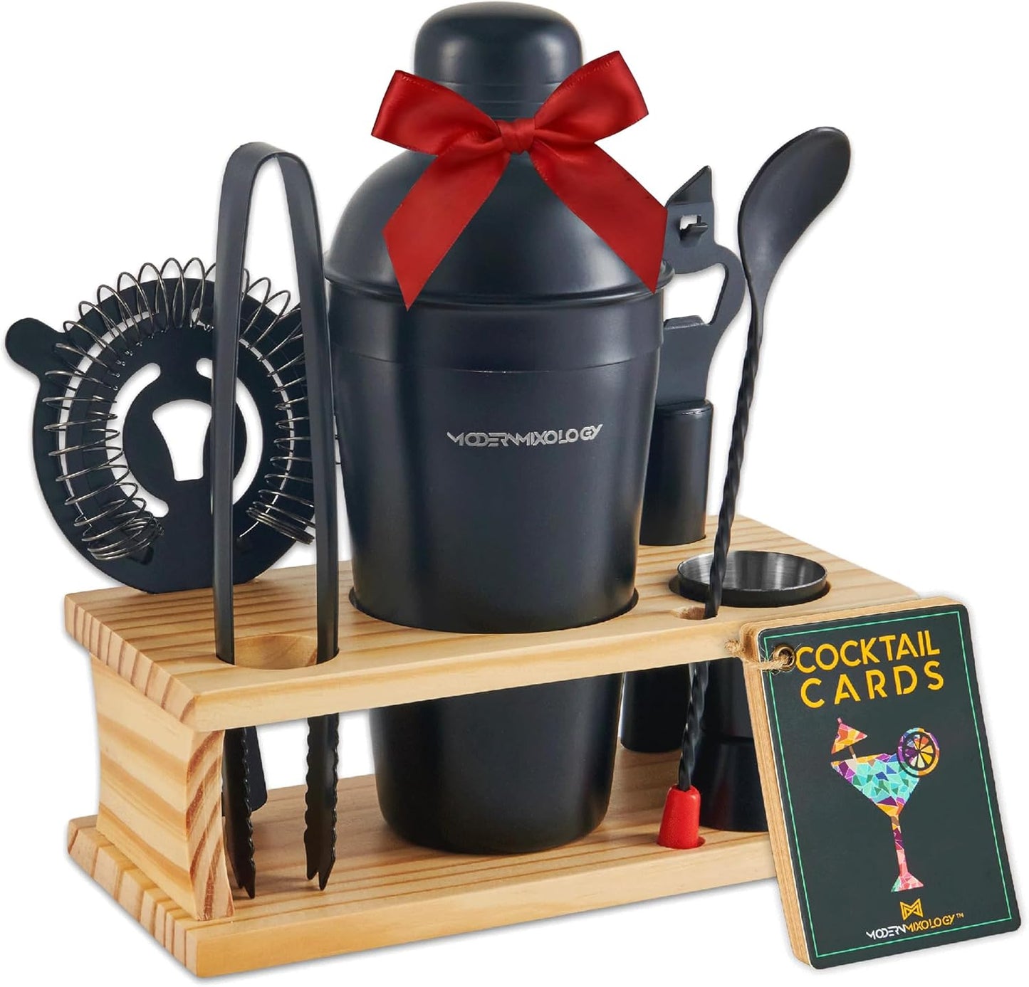 Modern Mixology Cocktail Shaker Set - 8 Piece Bartender Kit with Martini Shaker and Popular Bar Accessories on Quality Pine Stand - Leak Proof Design (Black)