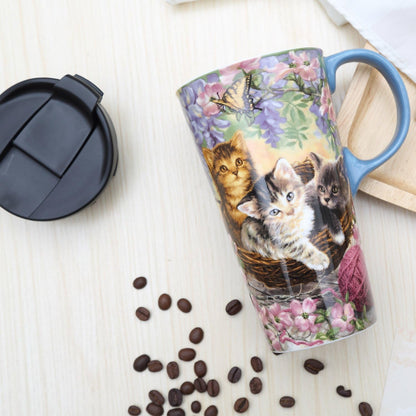 TZSSP Ceramic Coffee Mug,Coffee Travel Mug with Handle & Lid,Travel Cup for Porcelain,17 oz,Tall Tea Mug in Gift Box for Home & Office, Flower & Cat Art Pattern