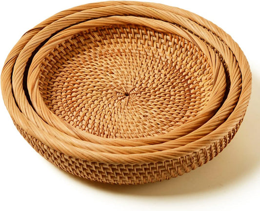 I-lan 3 Pack Round Bread baskets with 2" Wall, 11 Inch Rattan Fruit Basket with Rolled Edge, Decorative Natural Basket Wicker Bowl for Nuts, Candy Catch All Dish, Storage, Coffee Table, Brown, S M L