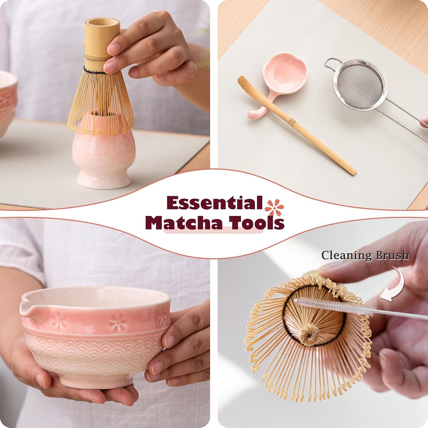 Matcha Tea Set, 8 Pcs Japanese Matcha Kit with Cherry Blossom and Wave Design Ceramic Bowl, Bamboo Whisk, Whisk Holder, Scoop, Sifter, Brush, Matcha Kit Set for Matcha Lovers (Pink Gradient)