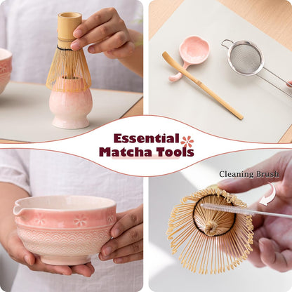 Matcha Tea Set, 8 Pcs Japanese Matcha Kit with Cherry Blossom and Wave Design Ceramic Bowl, Bamboo Whisk, Whisk Holder, Scoop, Sifter, Brush, Matcha Kit Set for Matcha Lovers (Pink Gradient)