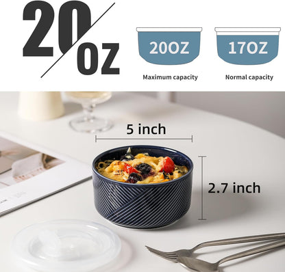 Ceramic Bowls with Lids: 20 oz Microwave Safe Food Storage Containers for Soup, Salad, Cereal, Leftovers, Meal Prep, Lunch, Picnic, Camping, Serving - Airtight, Navy, Set of 4