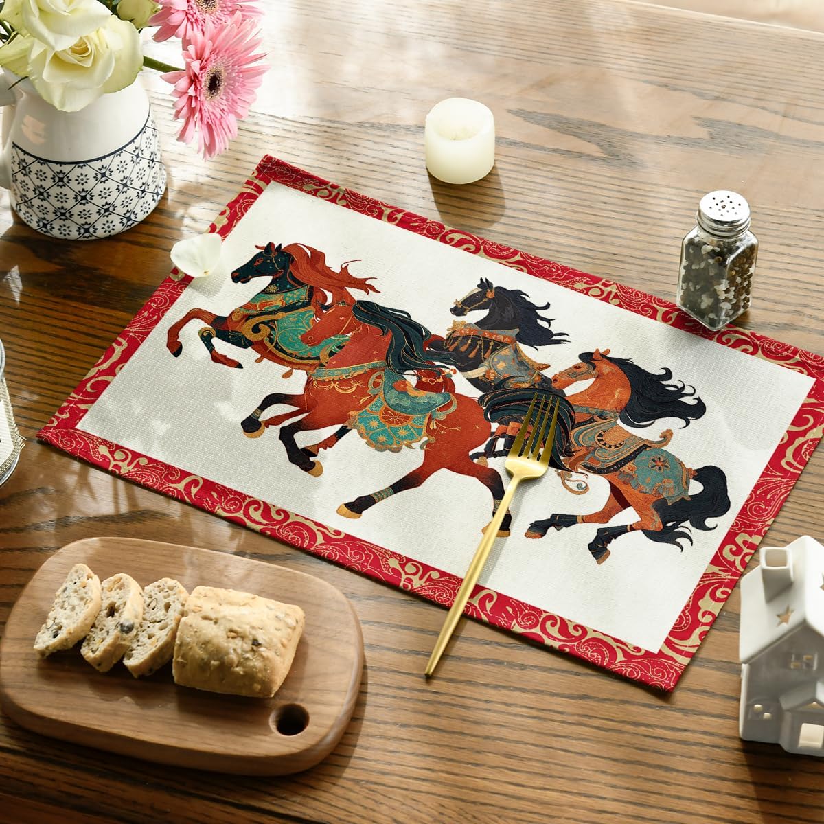 Artoid Mode Zodiac Horse Happy 2026 Chinese New Year Placemats Set of 4, 12x18 Inch Seasonal Lunar Winter Table Mats for Party Kitchen Dining Decoration