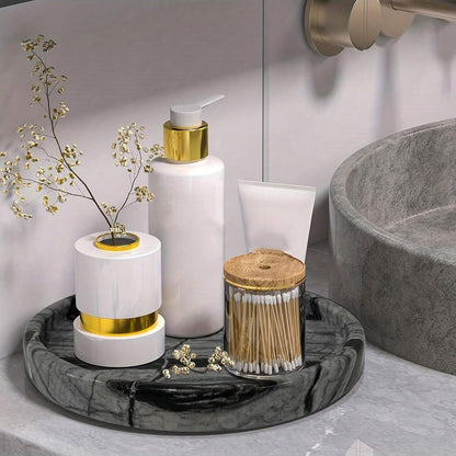 Travertine Tray, Small Ceramic Vanity Tray for Bathroom Counter Decor, Round Marble Decorative Trays for Coffee Table (Grey Black, Medium Size)