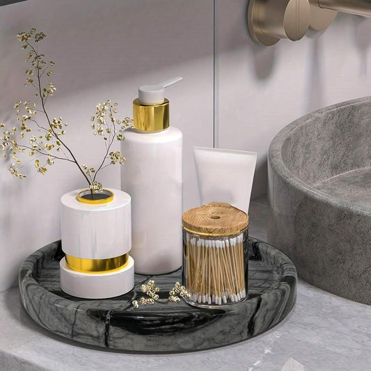 Travertine Tray, Small Ceramic Vanity Tray for Bathroom Counter Decor, Round Marble Decorative Trays for Coffee Table (Grey Black, Medium Size)