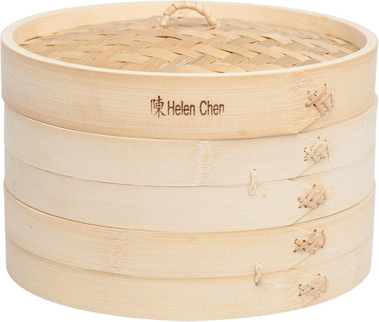 Helen's Asian Kitchen Bamboo Food Steamer with Lid - 100% Natural Bamboo - Basket Steamers for Cooking Dumplings, Dim Sum, Veggies, Fish, Meat - Preserve Nutrients & Flavors - 10-Inch