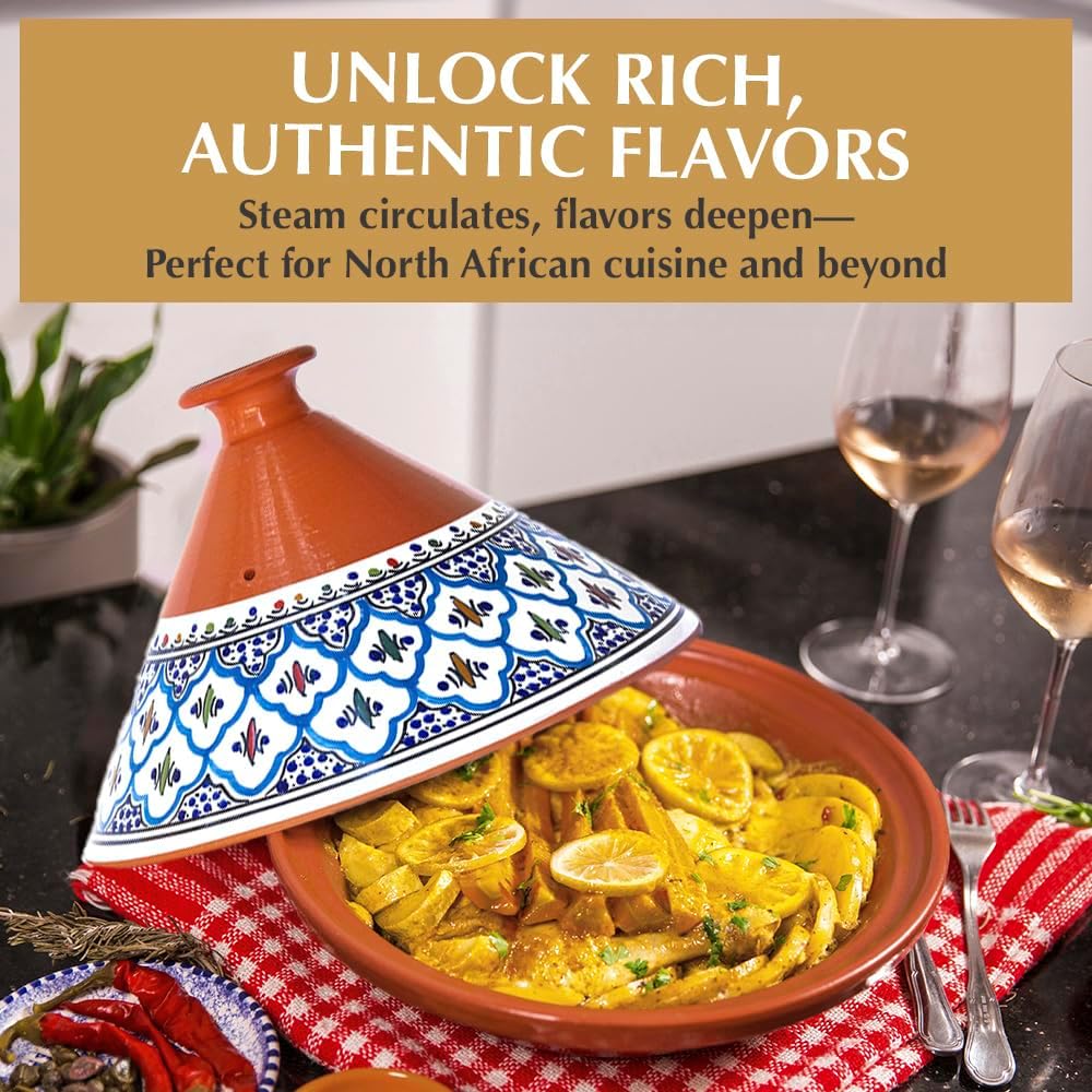 Kamsah Tagine Pot for Cooking and Flavor Enrichment - Large Clay Pot 12”, 5.5 QT - Non-Stick Handmade Cookware - Moroccan Ceramic Pots for Cooking with Lid & Serving Bowl - Bohemian Classic Turquoise