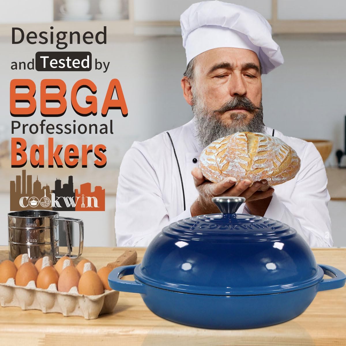 Enameled Cast Iron Dutch Oven with Lid, 11" Dutch Oven Bread Baking Kit, 6 Quart Blue Thick Enamel Bread Pan, Silicone Baking Mat - Family Gifts