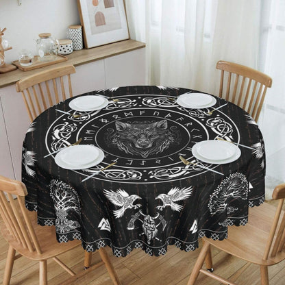 Norse Viking Tablecloth, Nordic Mythology Tree of Life Crow Ancient Mythical Viking Wolf Print Water Resisitant Table Cover for Dining Kitchen Living Room Home Party Holiday Decor 70 inch Round