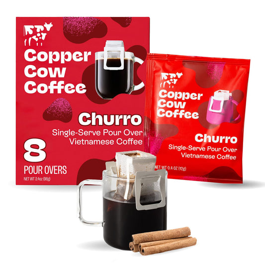 Copper Cow Coffee Premium Pour Over Single-Serve Vietnamese Coffee Pouches (8 pack) | Churro | Dark Roast | Flavored with Real Cinnamon | Convenient Vietnamese Ground Coffee Packets, Travel Friendly