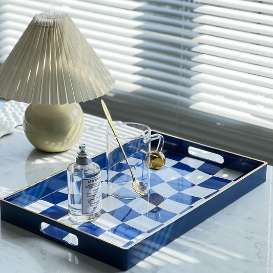 Zosenley Decorative Tray, Marbling Plastic Tray with Handles, Rectangular Vanity Tray and Serving Tray for Bathroom, Kitchen, Ottoman Tray and Coffee Table, 15.6" x 10.2" (Blue and White Checkered)