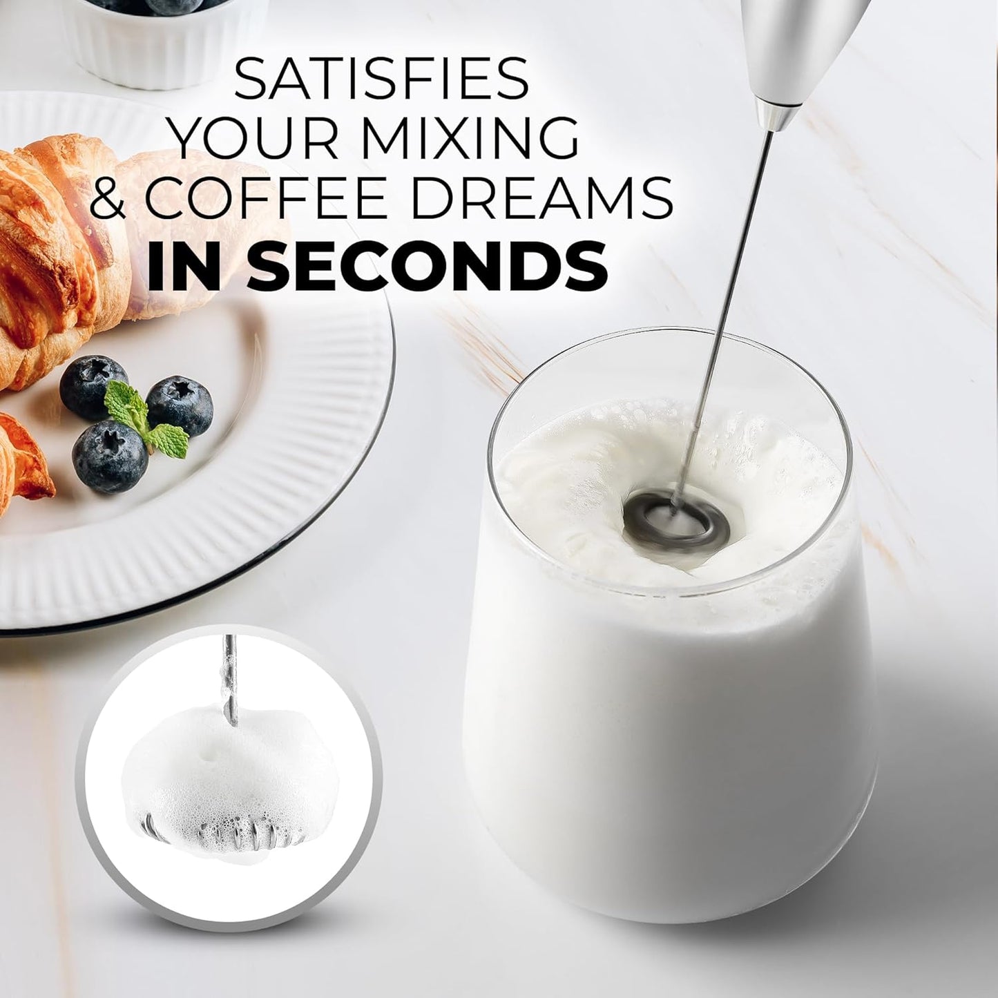 Zulay Powerful Milk Frother for Coffee with Upgraded Titanium Motor - Handheld Electric Whisk, Milk Foamer, Mini Mixer & Coffee Blender for Frappe, Latte, Matcha, No Stand - Silver