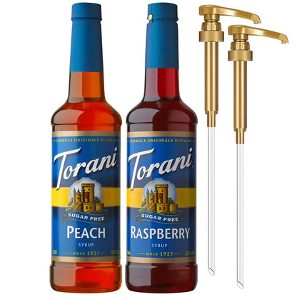 Torani Sugar Free Raspberry Syrup and Sugar Free Peach Syrup Variety 2-Pack, Flavored Syrups for Drinks, Pumps Included, 25.4 Fl Oz Ea