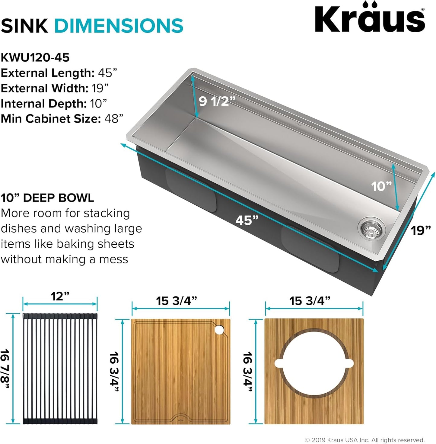 KRAUS Kore Workstation 45-inch Undermount 16 Gauge Stainless Steel Kitchen Sink, Single Bowl Kitchen Sink with Accessories, KWU120-45