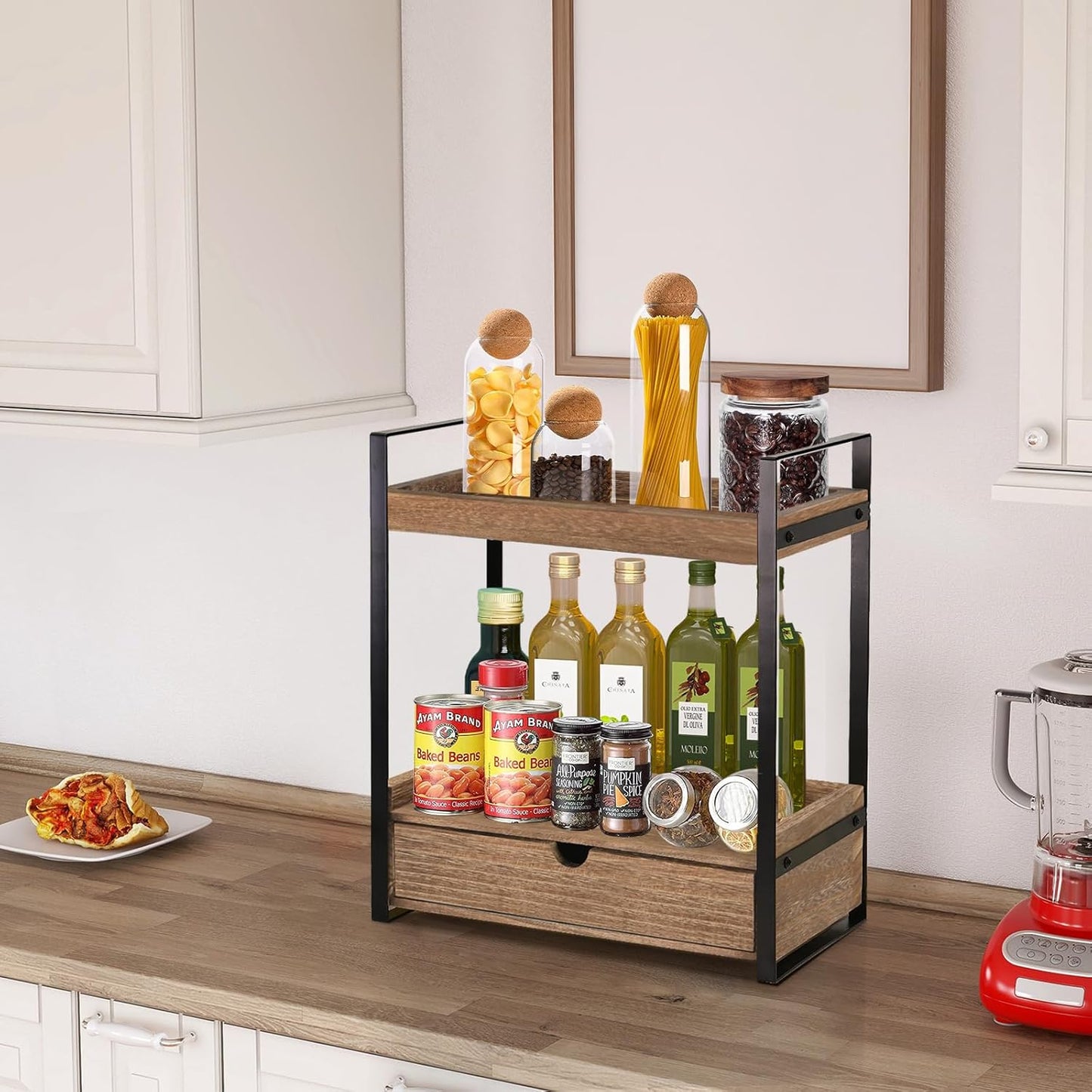 2-Tier Bathroom Organizer Countertop with Drawer, Wood Counter Shelf for Storage, Vanity Tray for Organization and Decor, Countertop Organizer for Bathroom, Kitchen, Office (Dark Brown)