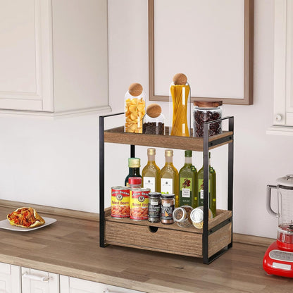 2-Tier Bathroom Organizer Countertop with Drawer, Wood Counter Shelf for Storage, Vanity Tray for Organization and Decor, Countertop Organizer for Bathroom, Kitchen, Office (Dark Brown)