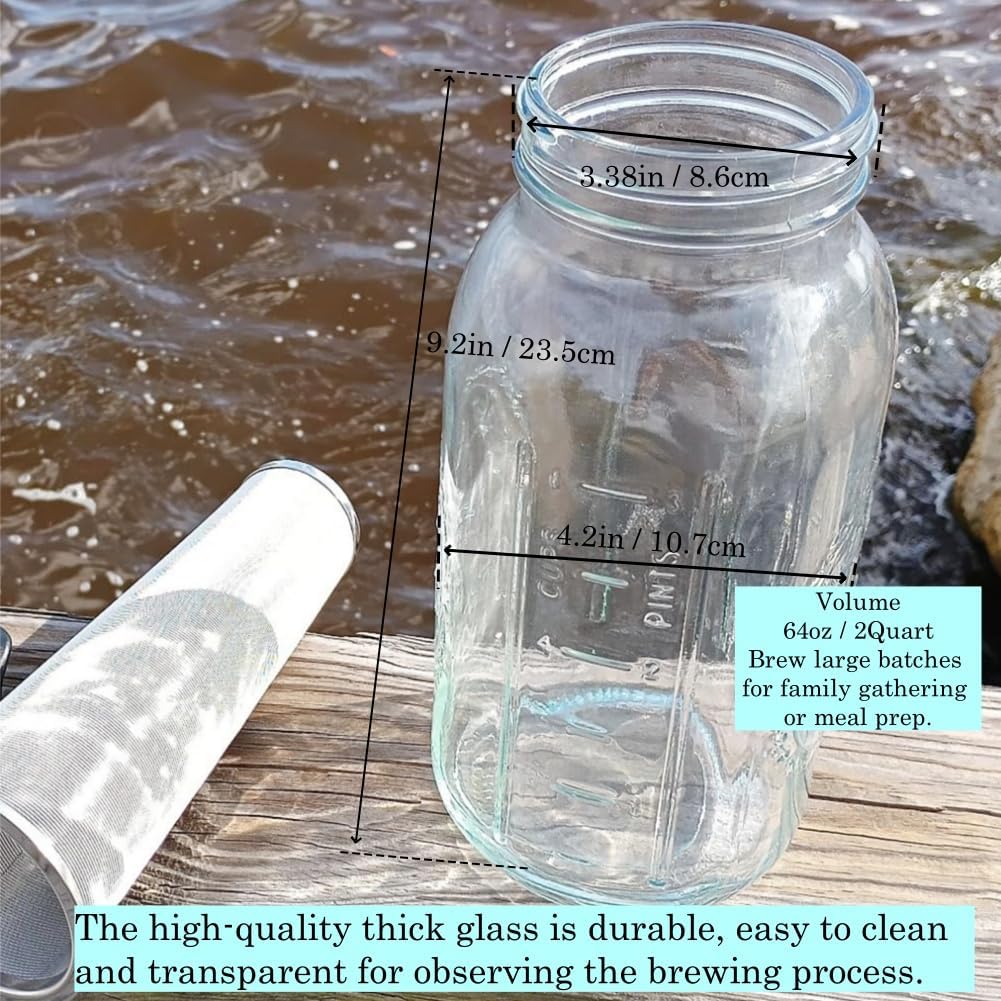 Fermus Set of 2 Cold Brew Coffee Maker, 64oz / 2Quart Glass Pitcher with Stainless Steel Filter and Pour Spout Handle Lid, Mason Jar for Making Cold Coffee, Fruit Drinks, Sun Tea (2)