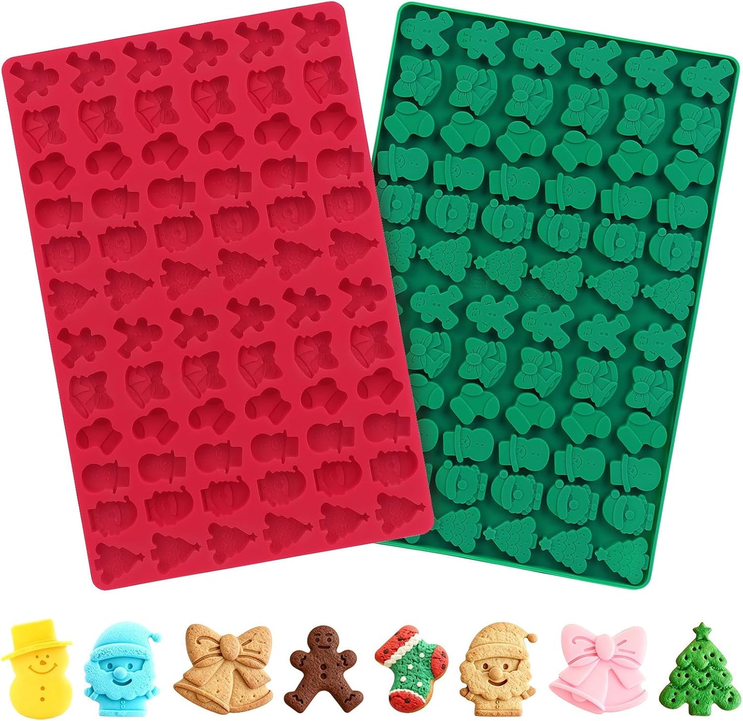 2 Pcs Christmas Silicone Molds, Christmas Tree Christmas Stocking Santa Claus Gingerbread Man Snowman Bell Molds, Xmas Non-stick Baking Mold for DIY Xmas Cake, Chocolate, Candy, Jelly, Gummy