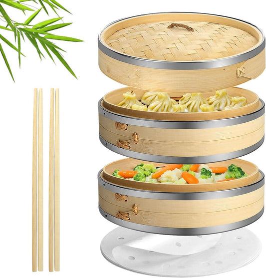 Flexzion Bamboo Steamer Basket Set (10 inch) with Stainless Steel Banding, 50 x Steamer Liners and 2 Pairs of Chopsticks, Steam Baskets for DimSum Dumplings, Rice, Vegetables, Fish and Meat