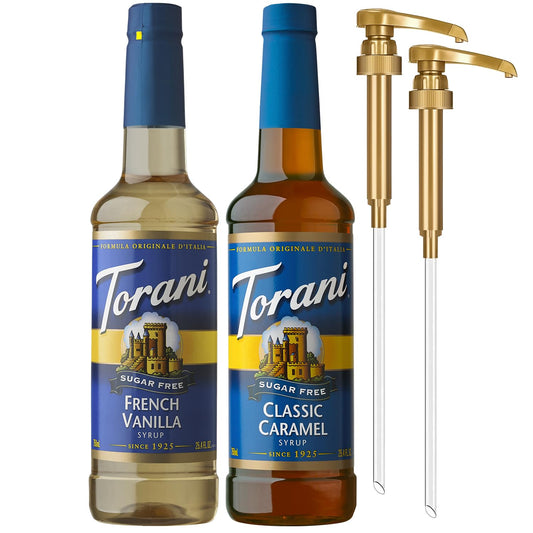 Torani Sugar Free Classic Caramel Syrup and Sugar Free French Vanilla Syrup Variety 2-Pack, Coffee Syrups for Drinks, Pumps Included, 25.4 Fl Oz Ea