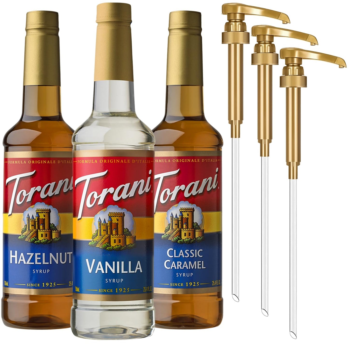 Torani Syrups, Classic Caramel, Hazelnut, and Vanilla Syrup Variety 3-Pack, Coffee Syrups for Drinks, Pumps Included, 25.4 Fl Oz Ea