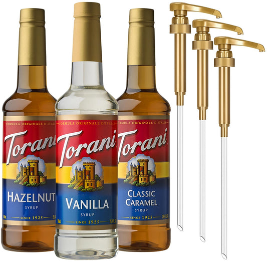 Torani Syrups, Classic Caramel, Hazelnut, and Vanilla Syrup Variety 3-Pack, Coffee Syrups for Drinks, Pumps Included, 25.4 Fl Oz Ea