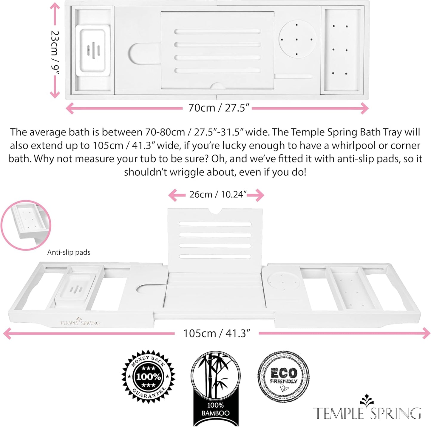 Temple Spring Wooden Bathtub Tray, Bamboo Bathroom Accessories, Bath Tray for Tub, at Home Spa Essentials, Board for Tub Table, Bath Caddy for Bathtub Accessories & Bathroom Essentials – White