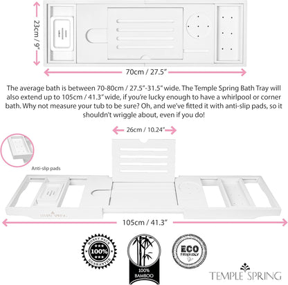 Temple Spring Wooden Bathtub Tray, Bamboo Bathroom Accessories, Bath Tray for Tub, at Home Spa Essentials, Board for Tub Table, Bath Caddy for Bathtub Accessories & Bathroom Essentials – White