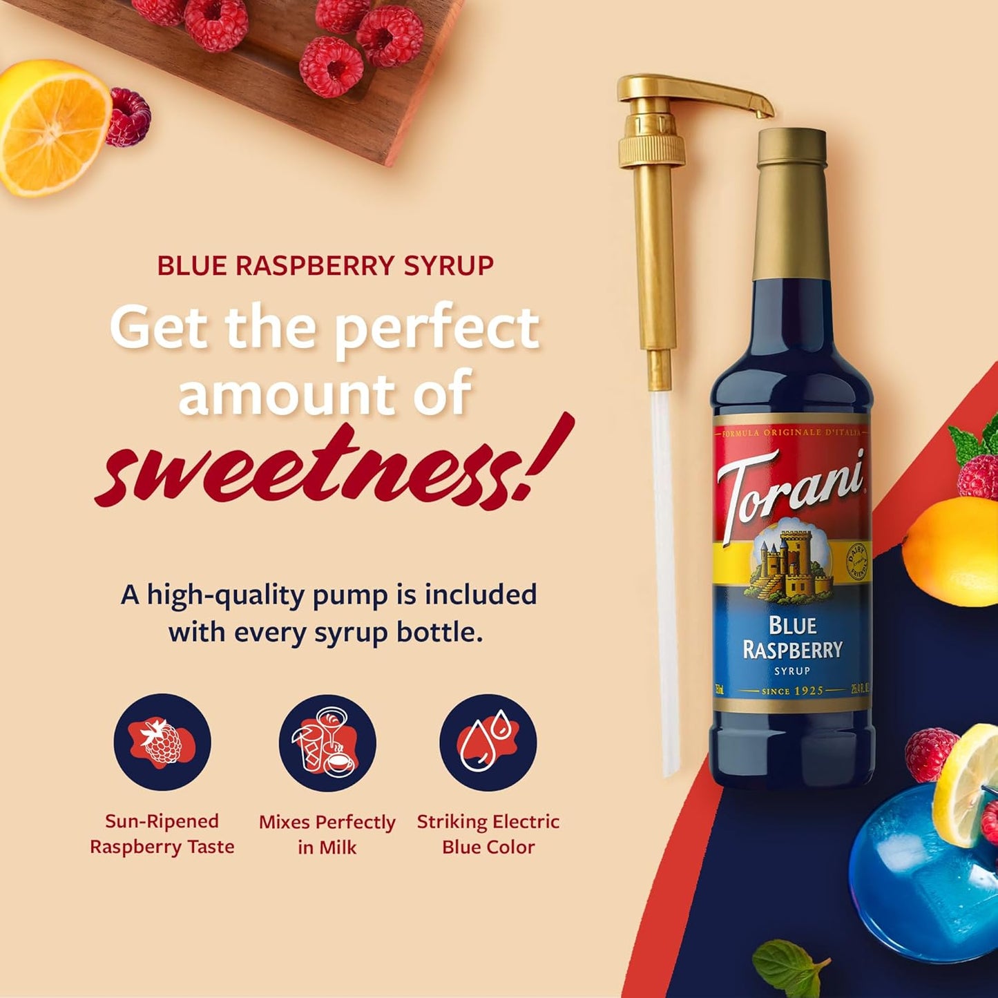 Torani Blue Raspberry Syrup for Drinks, Flavoring for Iced Tea, Lemonade, and Sodas, Pump Included, 25.4 Oz