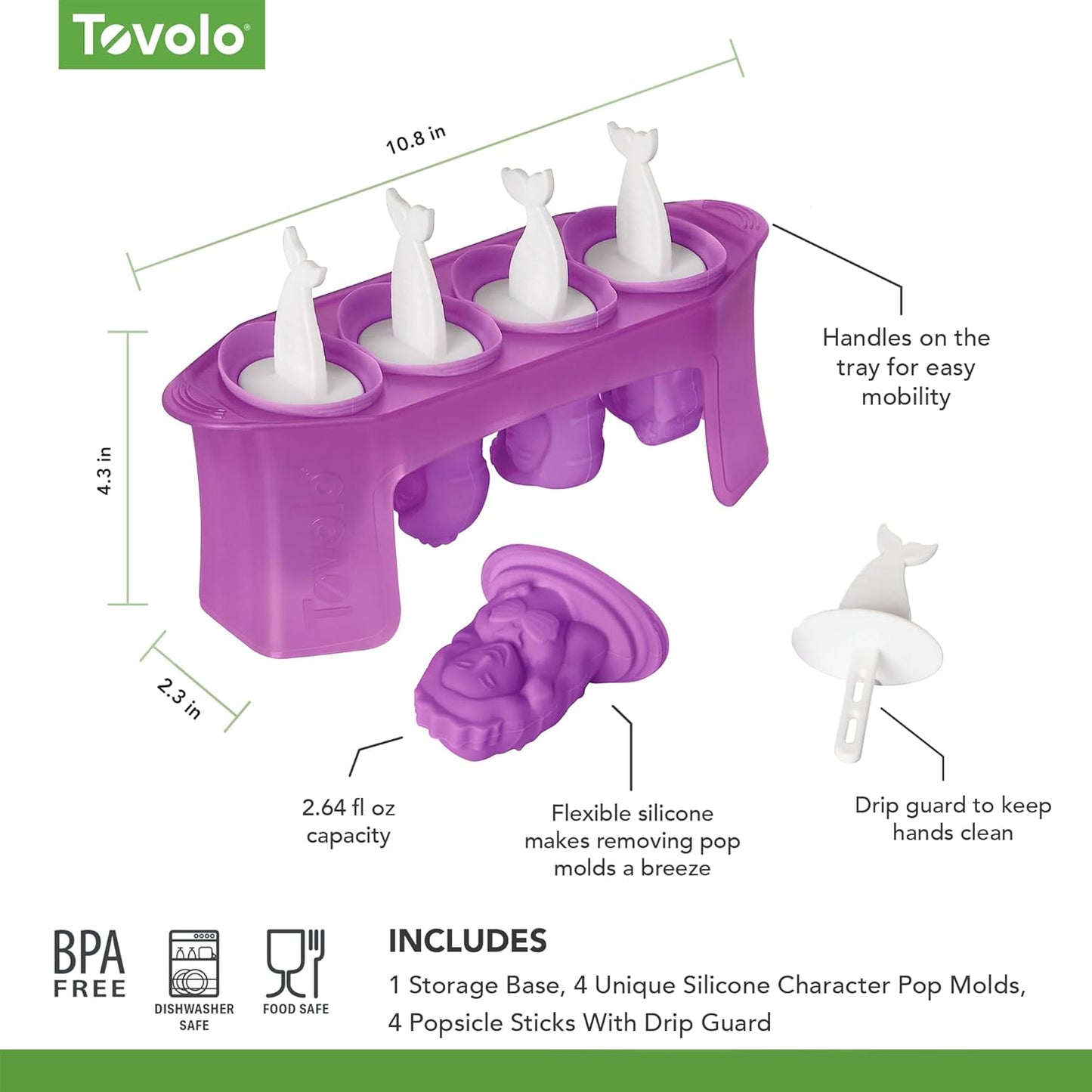 Tovolo Silicone Popsicle Molds with Sticks (Mermaid) - Ice Pop Molds with 4 Cavities for Homemade Flavored Ice Pops & Frozen Snacks - Popsicle Maker with Drip-Guards, Dishwasher Safe & BPA-Free