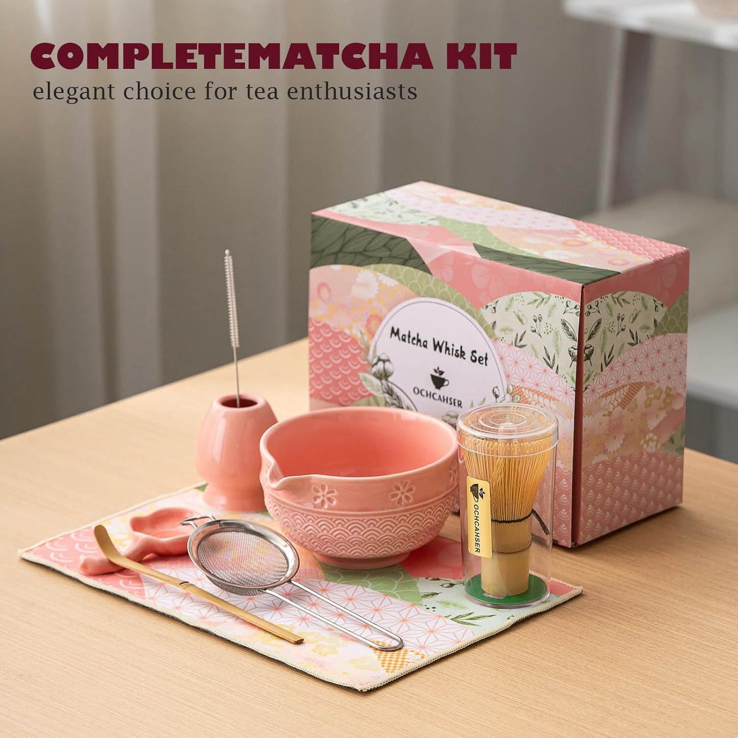 Matcha Tea Set, 8 Pcs Japanese Matcha Kit with Cherry Blossom and Wave Design Ceramic Bowl, Bamboo Whisk, Whisk Holder, Scoop, Sifter, Brush, Matcha Kit Set for Matcha Lovers (Pink)