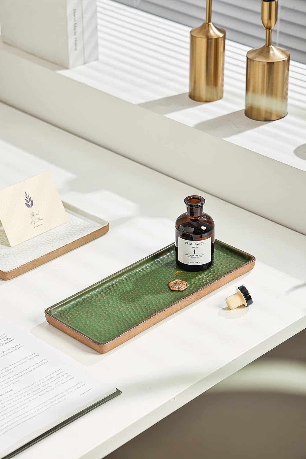 Vanity Tray with Brown Trim, Candle and Bathroom Organizer, Perfume Holder, Decorative Countertop Tray for Dresser, Table, Home Decor, Rectangular, Green, 12"4.7"