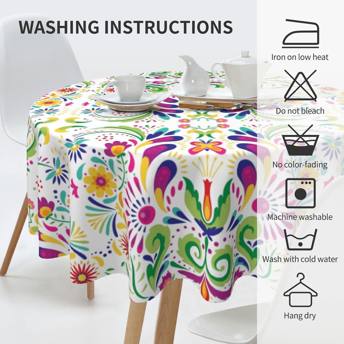 Mexican Round Tablecloth, Traditional Floral Dia De Los Muertos Azulejo Mosaic Mexico Water Resisitant Table Cover for Dining Kitchen Living Room Home Party Holiday Decor 70 inch Round