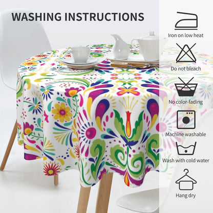 Mexican Round Tablecloth, Traditional Floral Dia De Los Muertos Azulejo Mosaic Mexico Water Resisitant Table Cover for Dining Kitchen Living Room Home Party Holiday Decor 70 inch Round