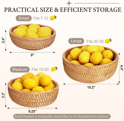 Rattan Bread Basket for Fruit, Natural Wicker Fruit Basket for Kitchen Counter, Hand Woven Food Baskets, Bread Baskets for Serving, Large Wicker Basket for Vegetable, Snack, Candies,Etc. (Round-Large)