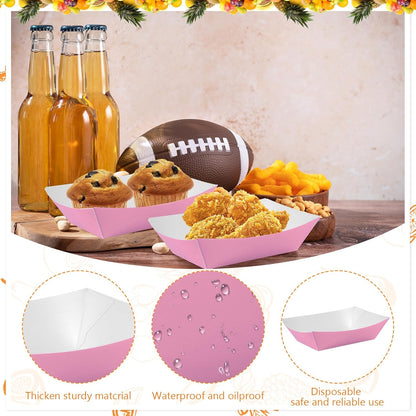 100 Pcs Pink Paper Food Tray Sturdy Disposable Food Boats Nacho Plates Disposable Serving Snack Trays for Catering, Party Birthday Supplies, and Food Service (Pink)