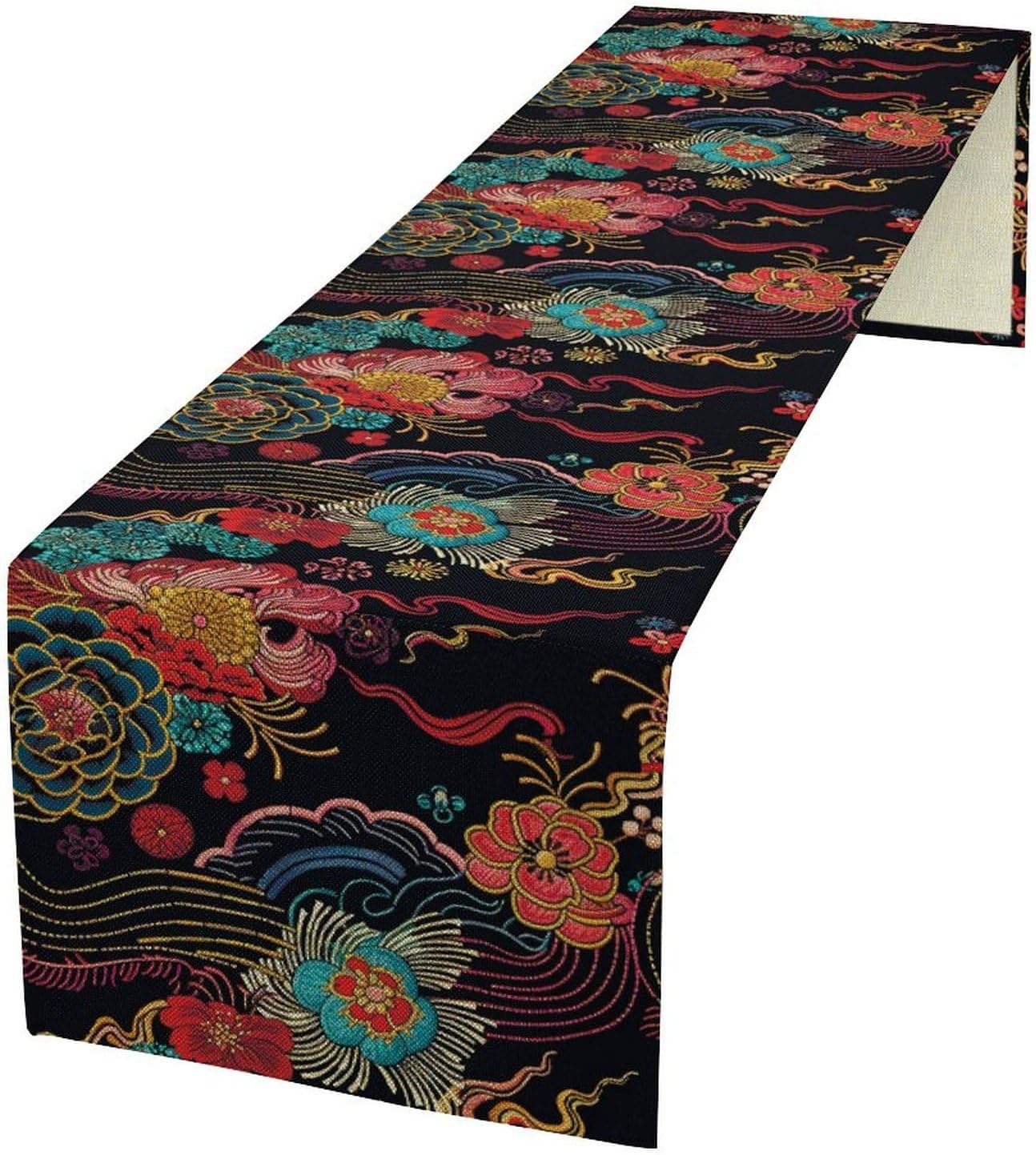 Chinese Embroidery Printing Table Runner, Floral Colorful Abstract Peony Table Runner for Bedroom Living Room Kitchen Home, 13x120 Inch