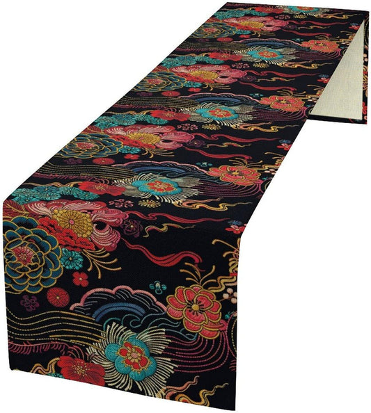 Chinese Embroidery Printing Table Runner, Floral Colorful Abstract Peony Table Runner for Bedroom Living Room Kitchen Home, 13x90 Inch