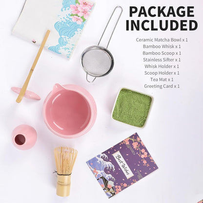 Matcha Whisk Set with Bowl, 8 Pcs Matcha Kit with Ceramic Holder, Scoop Holder, Sifter, Tea Towel, Greeting Card, Bamboo Whisk and Scoop, Pink Christmas Gift for Tea Lovers