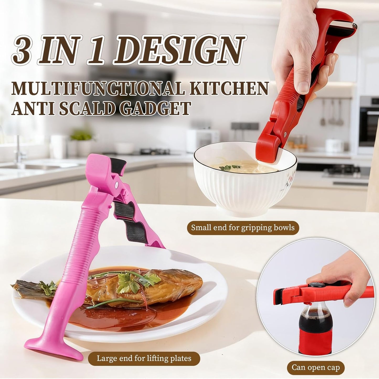 3-in-1 Hot Plate Gripper, Anti Scald Plate Gripper, Multi-Angle Anti-Scald Bowl Holder Clip & Hot Plate Grabber Tool with Lock, Kitchen Utensil For Bowls Pans Dishes (2PCS)