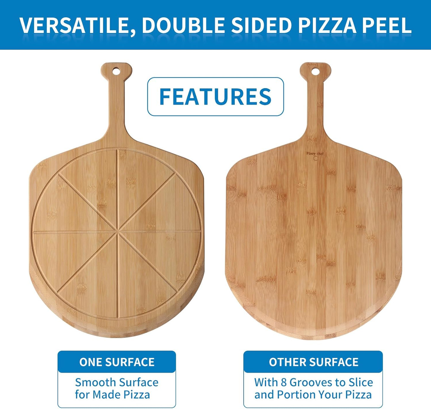 12” Bamboo Pizza Peel - Lightweight Smooth Wooden Pizza Paddle and Pizza Cutting Board with 8 Slice Grooves, Outdoor Pizza Oven Accessories, 17.3 Inch x 12.2 Inch