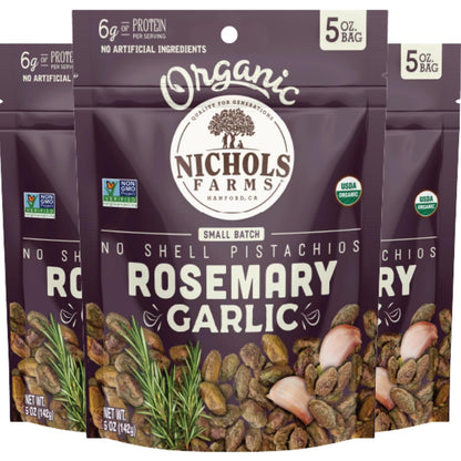 Nichols Farms Roasted with Sea Salt No Shell Pistachios, Kosher, USDA Certified Organic, Non-GMO, 6 Oz (Pack of 3)