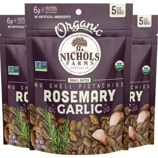 Nichols Farms Roasted with Sea Salt No Shell Pistachios, Kosher, USDA Certified Organic, Non-GMO, 6 Oz (Pack of 3)