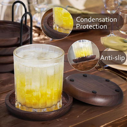 Wood Coasters Set of 6 with Holder for Drinks, MAPRIAL 4 Inch Gorgeous Wooden Coasters 100% Natural Walnut with Anti-Scratch Backing for Coffee Table, Gifts, Wedding, Party