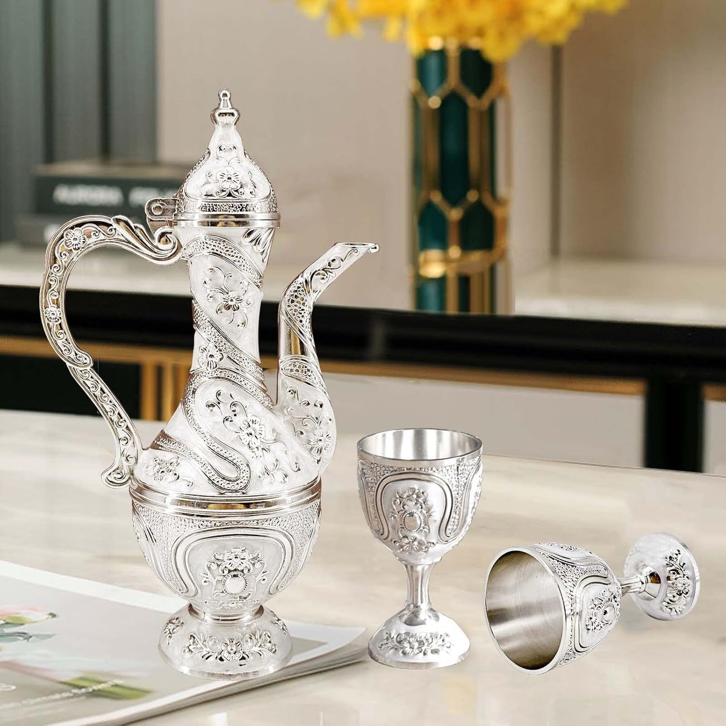 Vintage Turkish Coffee Pot and Cups Set,Tea Service Set Including Teapot,Tea Tray and Metal Cups for Wine Cabinet Decor,Wedding Ornaments (Silver and White)