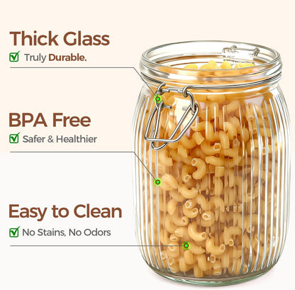 ComSaf Airtight Glass jar with lid 34oz Set of 3, Glass Storage Containers with Lids, Glass Canisters, Striped Clip Fastening Jar for Kitchen Canning, Tea, Pasta, Sugar, Beans, Cookie, Jam, Oat