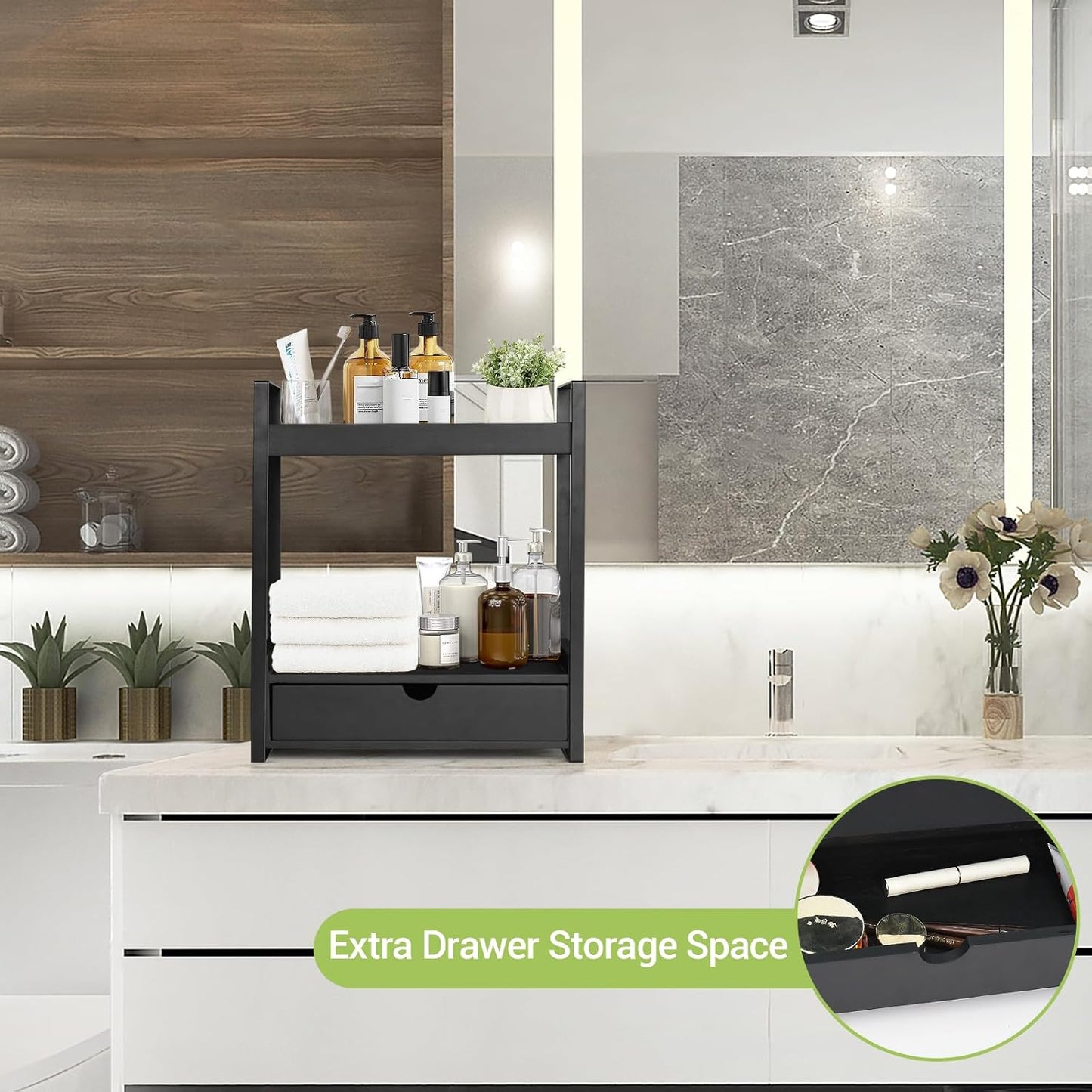 2-Tier Bathroom Organizer Countertop with Drawer, Wood Counter Shelf for Storage, Vanity Tray for Organization and Decor, Countertop Organizer for Bathroom, Kitchen, Office (Black)